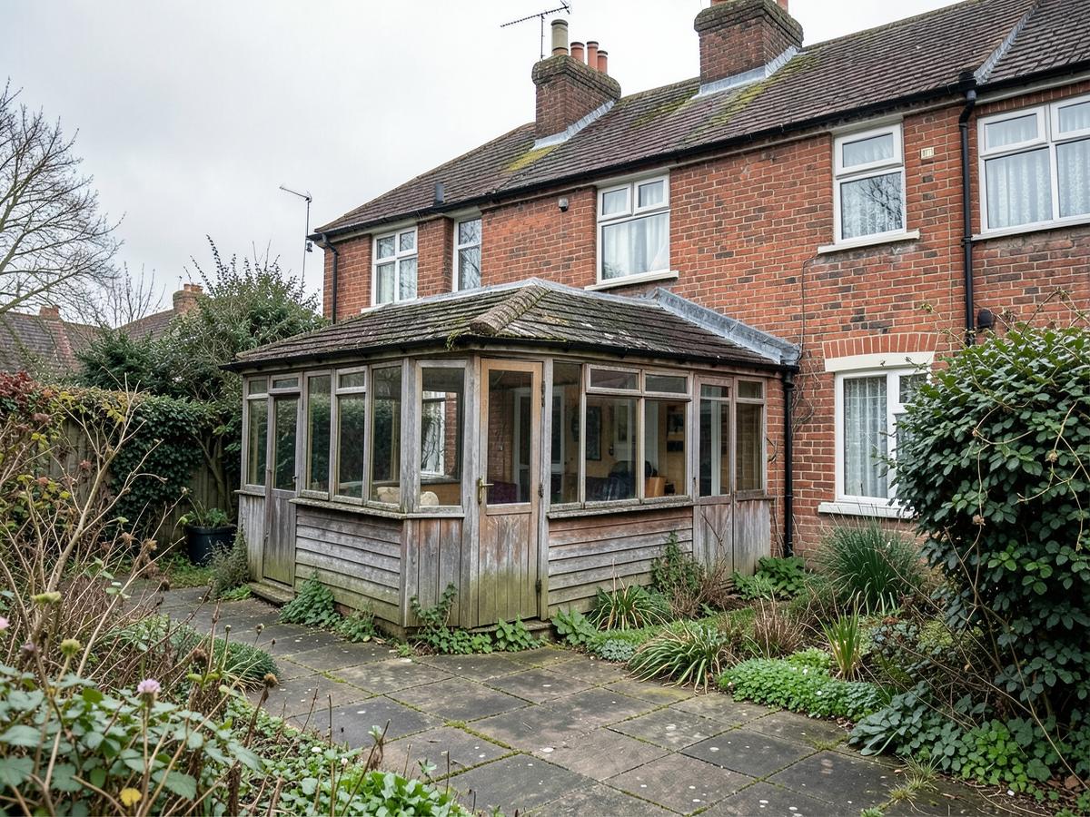 Rear of the house before work, with a dated timber conservatory and worn patio