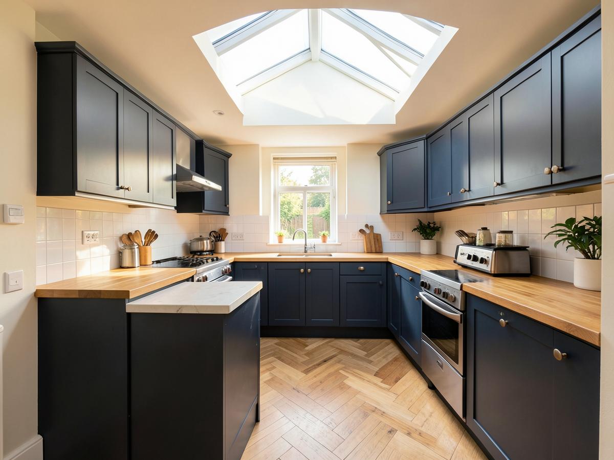 Kitchen diner inside a completed rear extension with a roof lantern above the worktop