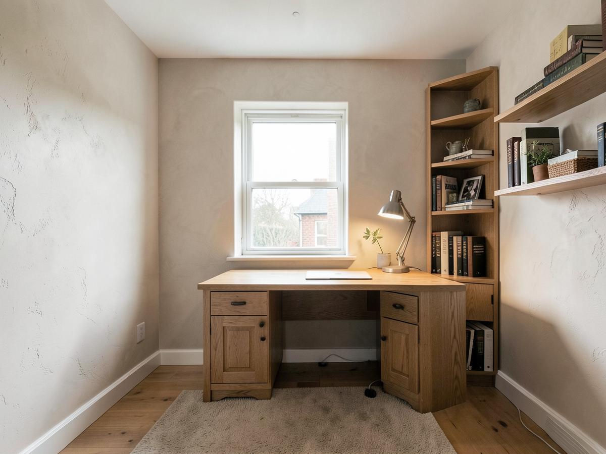 Converted garage now used as a home office with a new window and fitted shelving